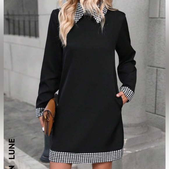 Houndstooth Print Contrast Collar Tunic Dress. 12. - Picture 2 of 4